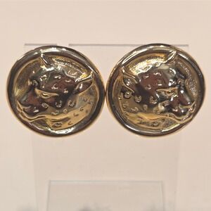 Vintage AVON Signed Gold Tone Leopard Head Round Button‎ Stud Earrings Statement